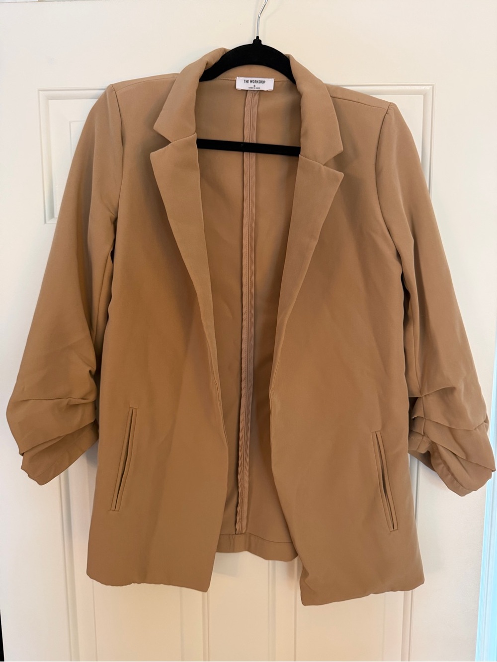 Workshop Clothing Women's Camel Open-Front Blazer with Rolled Sleeves